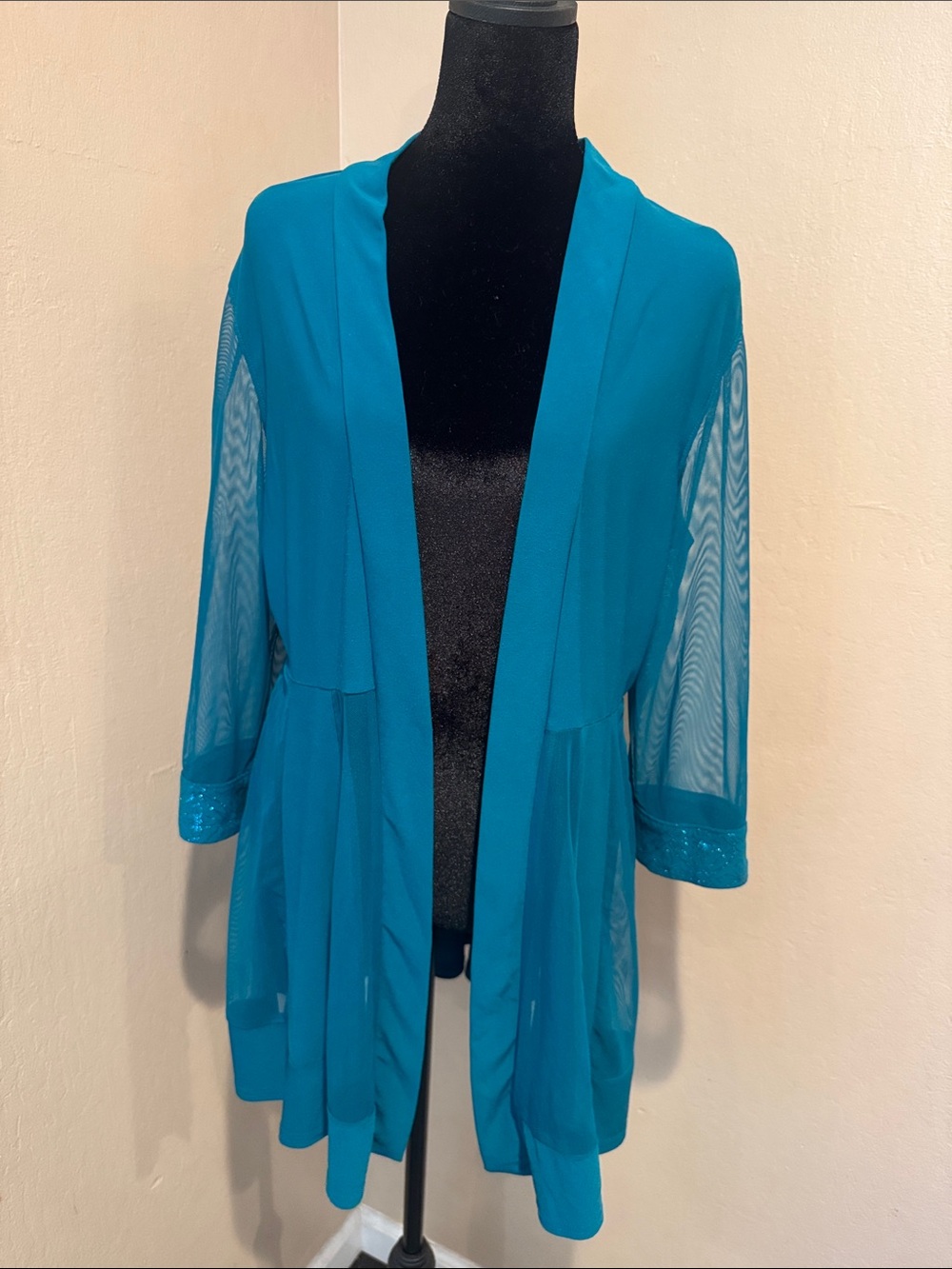 R&M Richards Elegant Teal Open-Front Cardigan W/ 3/4 Sleeves Sparkly Cuff Design